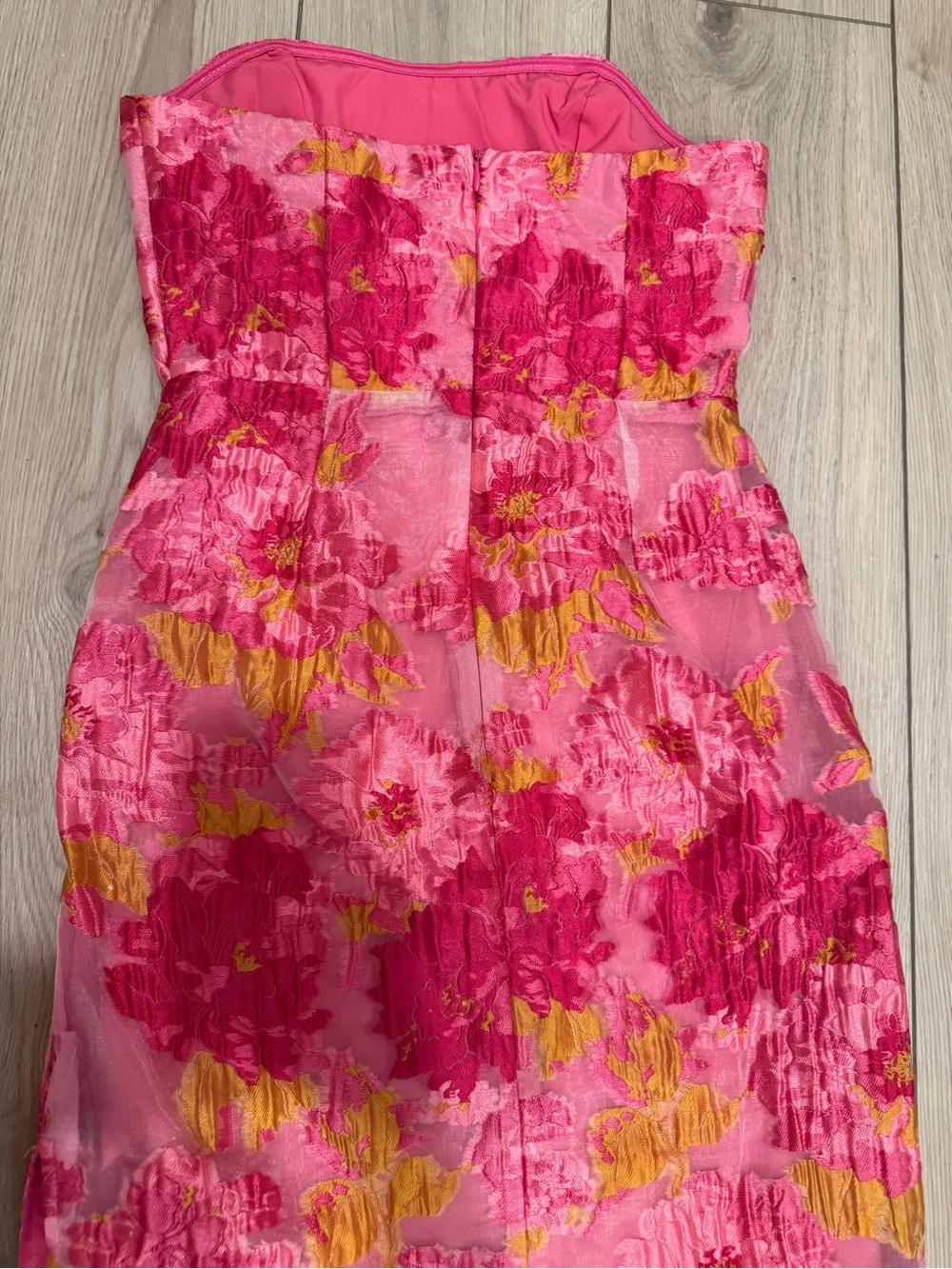 Strapless Pink Floral Midi Dress - Picture 3 of 4